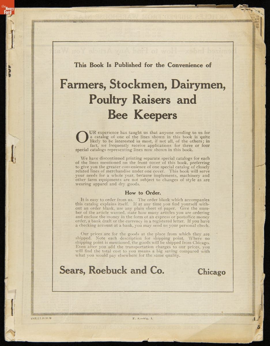 Sears, Roebuck and Company Trade Catalog for Farmers, Stockmen, Dairymen, Poultry Raisers, and Bee Keepers, 1915