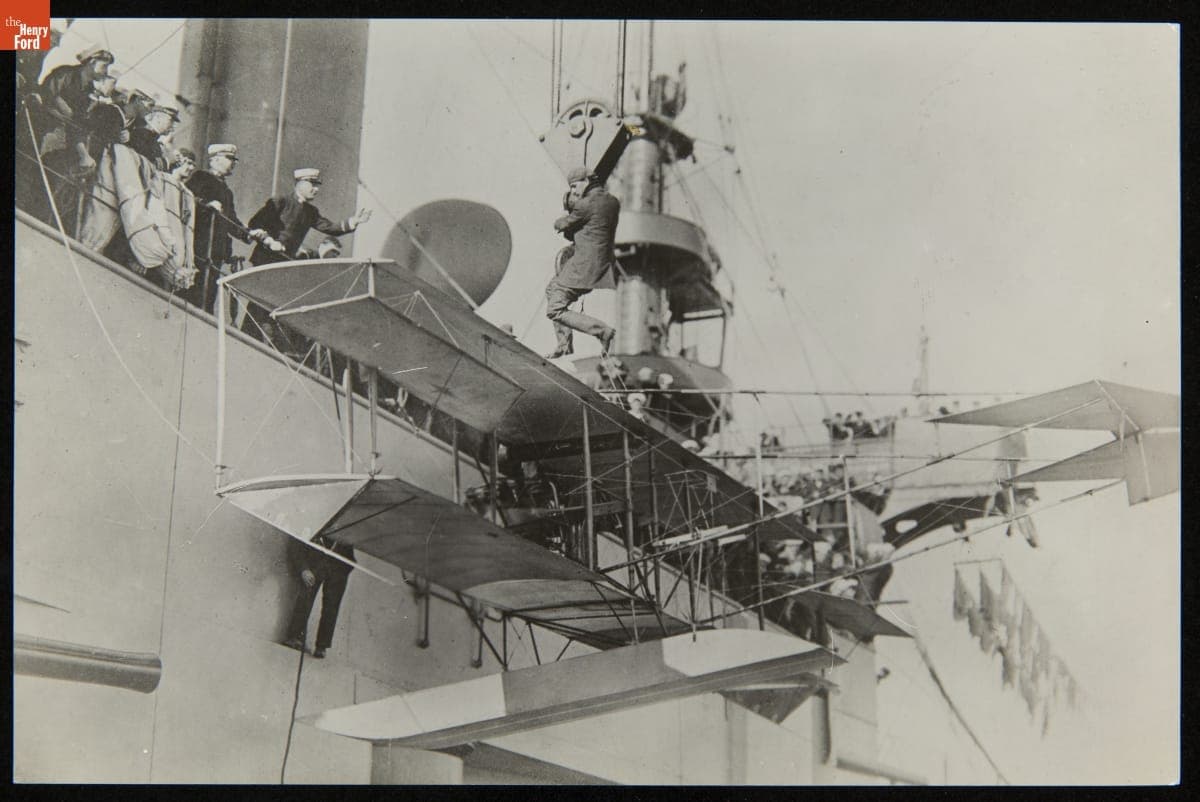 Glenn Curtiss and His Hydroaeroplane Being Hoisted Aboard the Armored Cruiser Pennsylvania, February 17, 1911