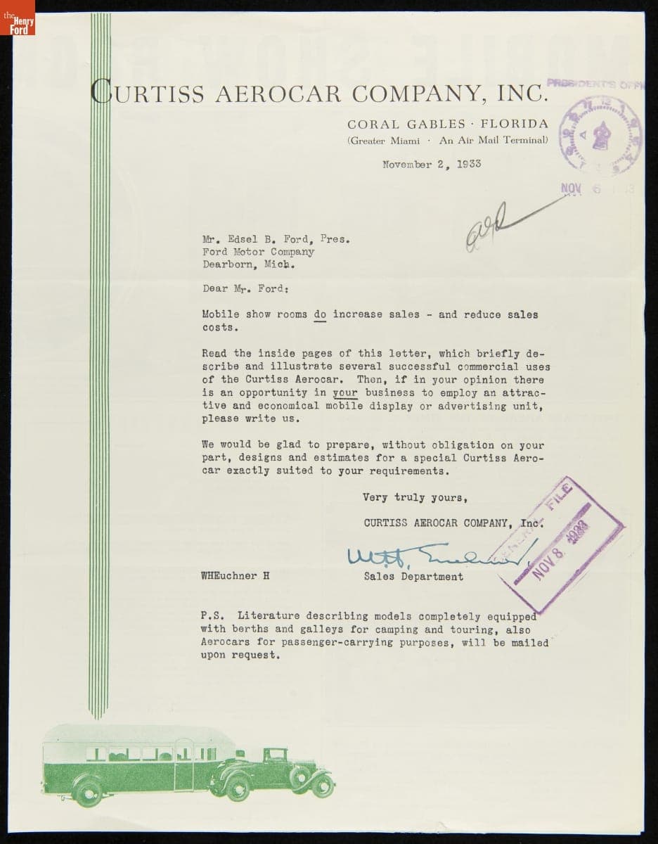 Curtiss Aerocar Company Advertising Letter and Brochure, November 2, 1933