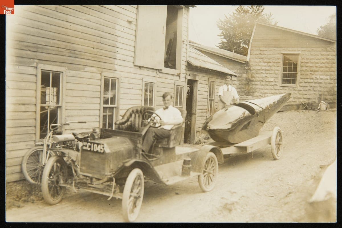 Ford Model T, Motorcycle, and Possible Fuselage from a Curtiss Flying Boat, 1912-1920