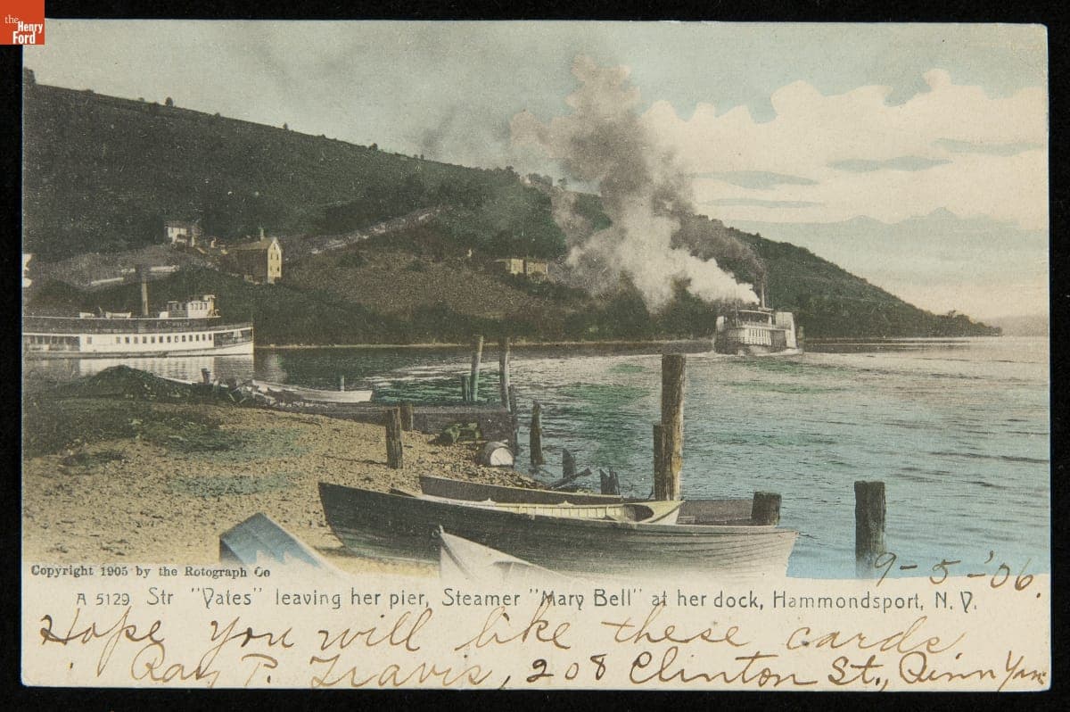 Steamer "Yates" Leaving Her Pier, Steamer "Mary Bell" at Her Dock, Hammondsport, N.Y., 1906