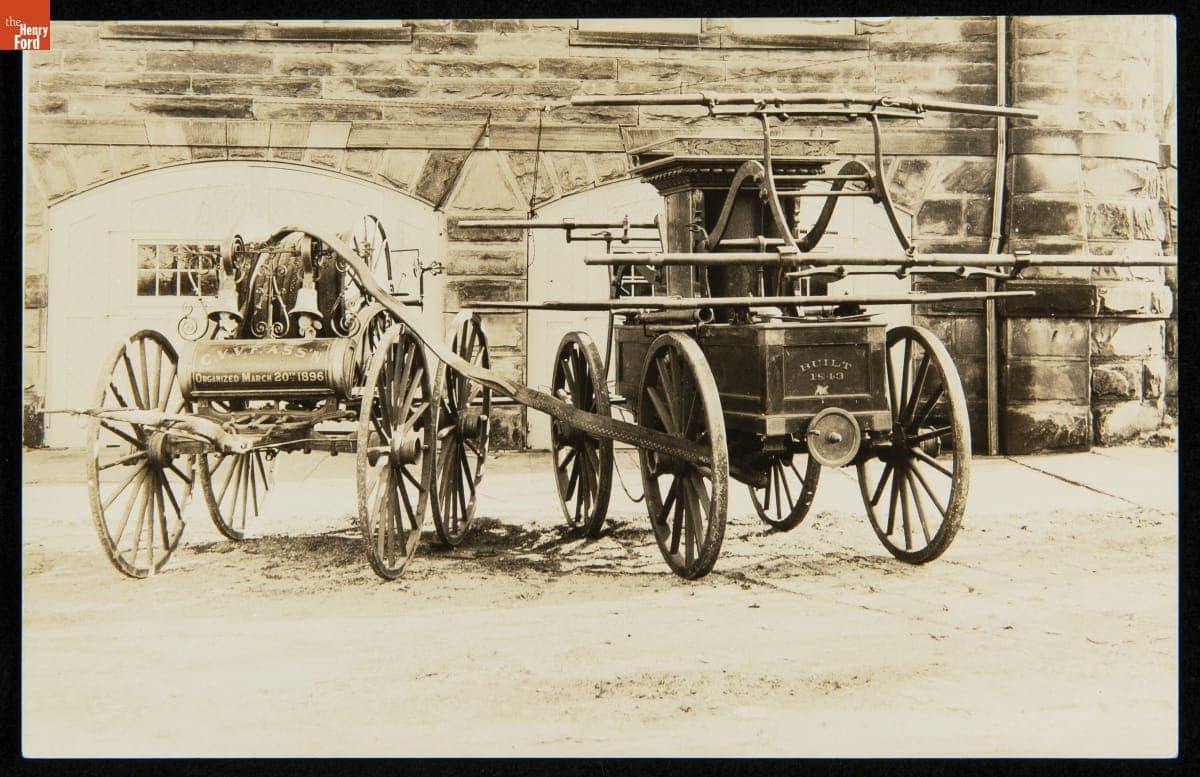 1843 Fire Engine and 1830-1880 Fire Hose Carriage, Photographed circa 1930