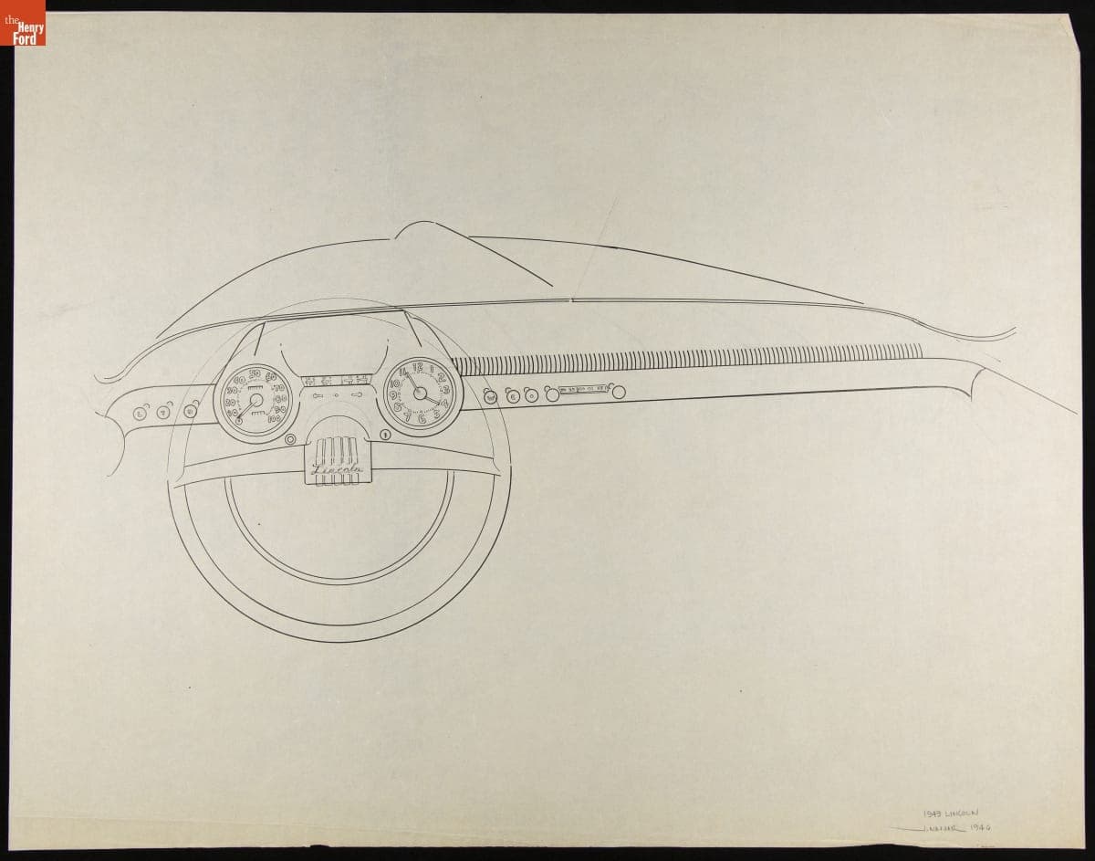 Sketch, 1949 Lincoln Continental Steering Wheel and Instrument Panel