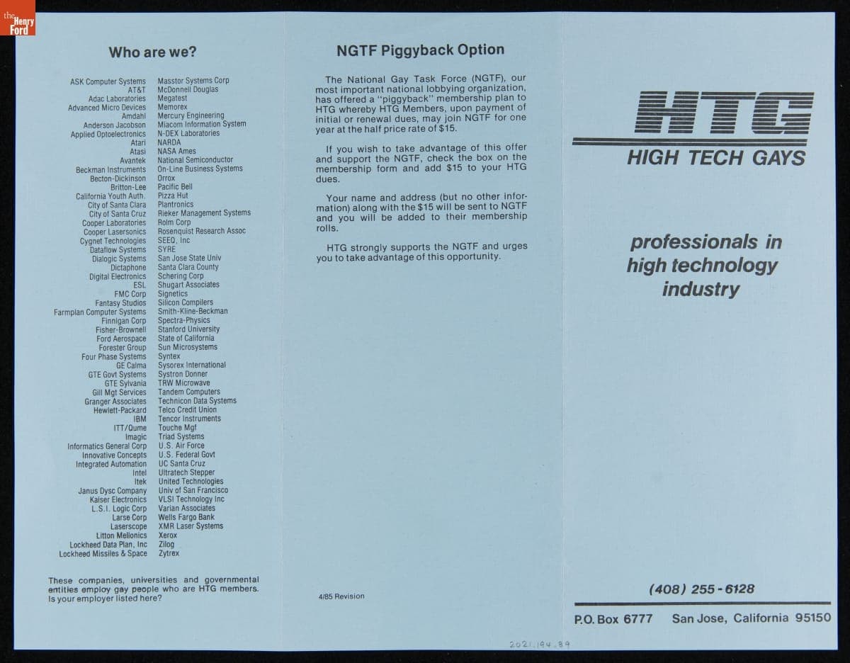 High Tech Gays Brochure, 1985-1986