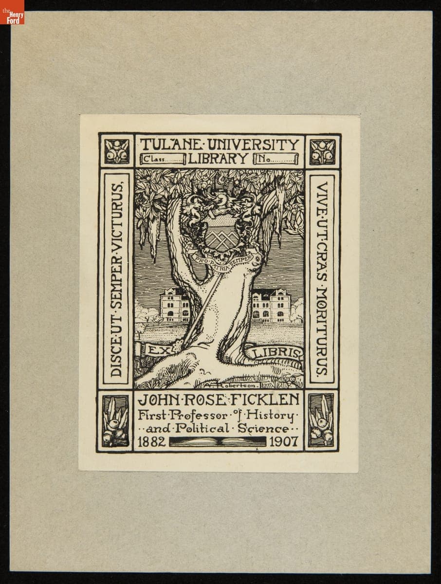 Bookplate of Tulane University Library and Professor John Rose Ficklen, Designed by Anne MacKinne Robertson, 1907