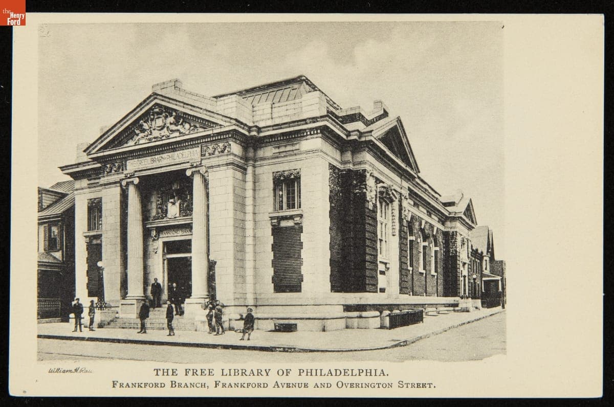Postcard, "The Free Library of Philadelphia, Frankford Branch, Frankford Avenue and Overington Street," circa 1915