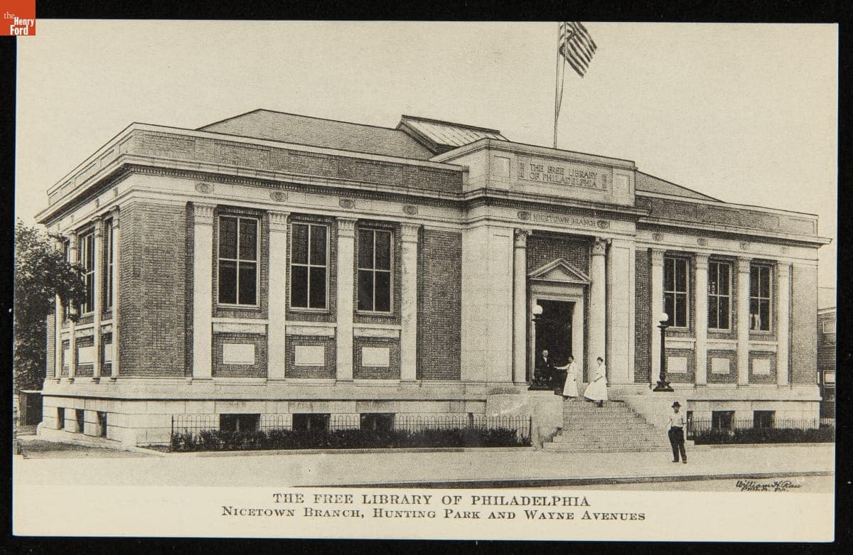 Postcard, "The Free Library of Philadelphia, Nicetown Branch, Huntington Park & Wayne Avenues," circa 1915