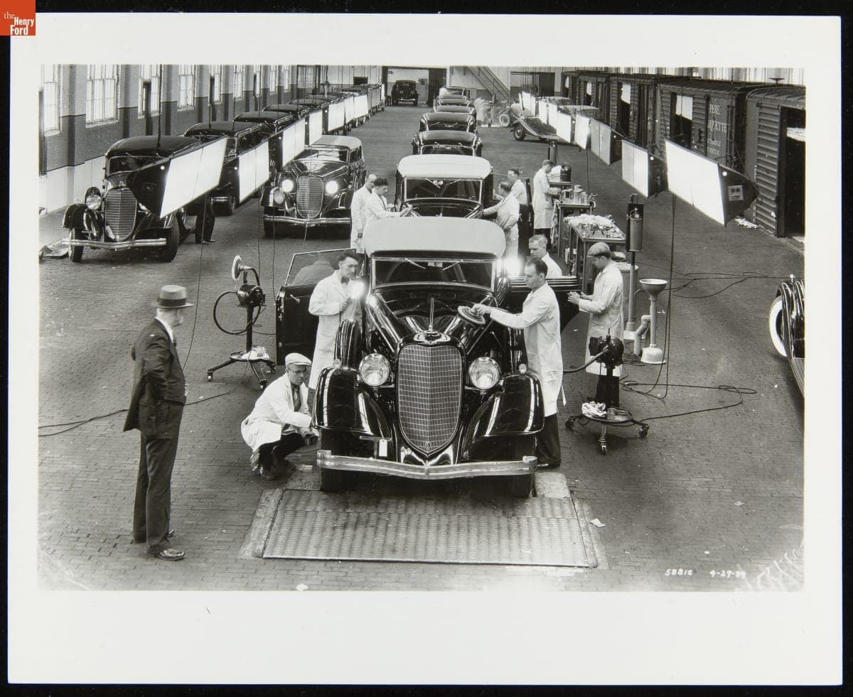 Lincoln Automobiles on Assembly Line Being Inspected before Shipment, April 1934