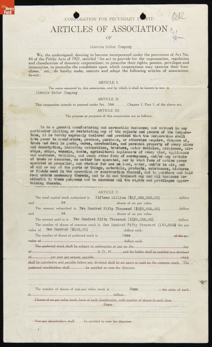 Articles of Association of Lincoln Motor Company, March 29, 1922