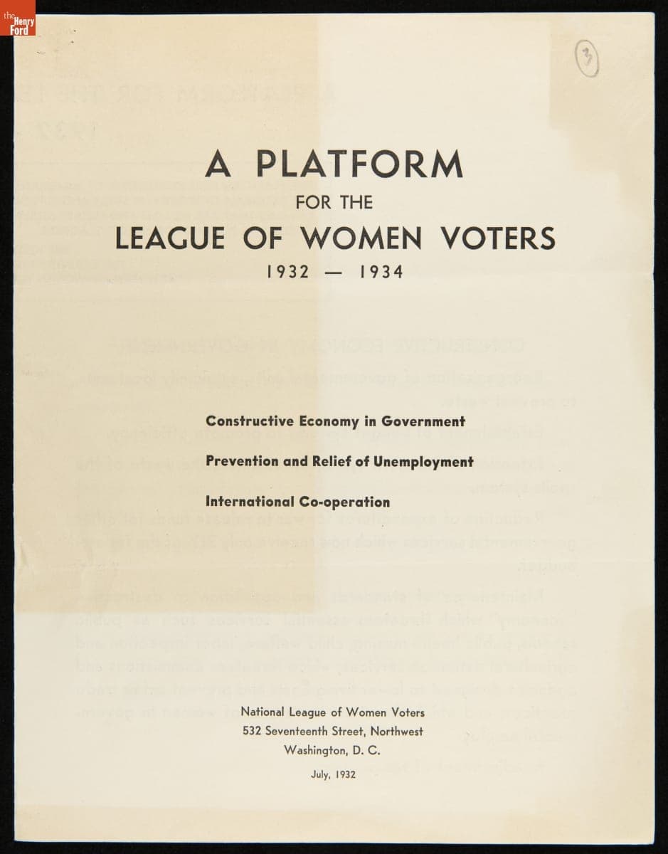 Brochure, "A Platform for the League of Women Voters, 1932-1934"