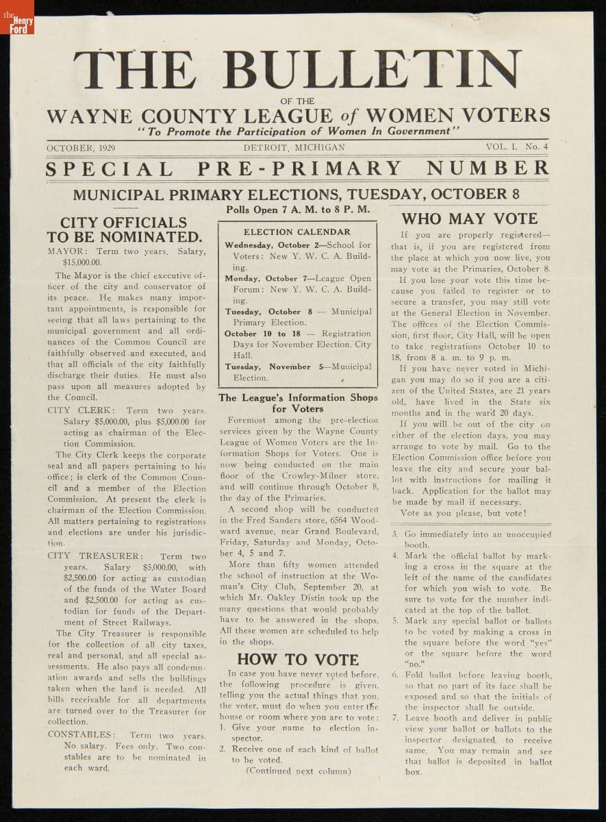 The Bulletin of the Wayne County League of Women Voters, Vol. 1, No. 4, October 1929