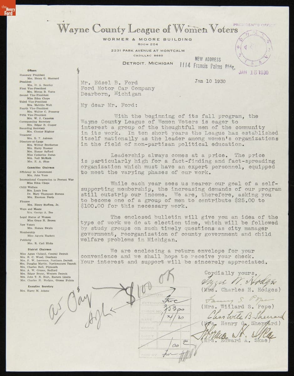 Letter from Wayne County League of Women Voters to Edsel Ford, January 10, 1930