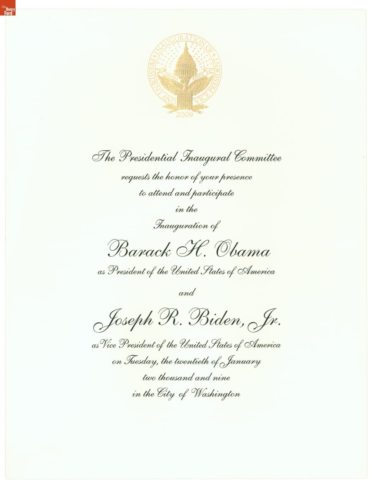 Invitation to Inauguration of Barack H. Obama and Joseph R. Biden, January 20, 2009