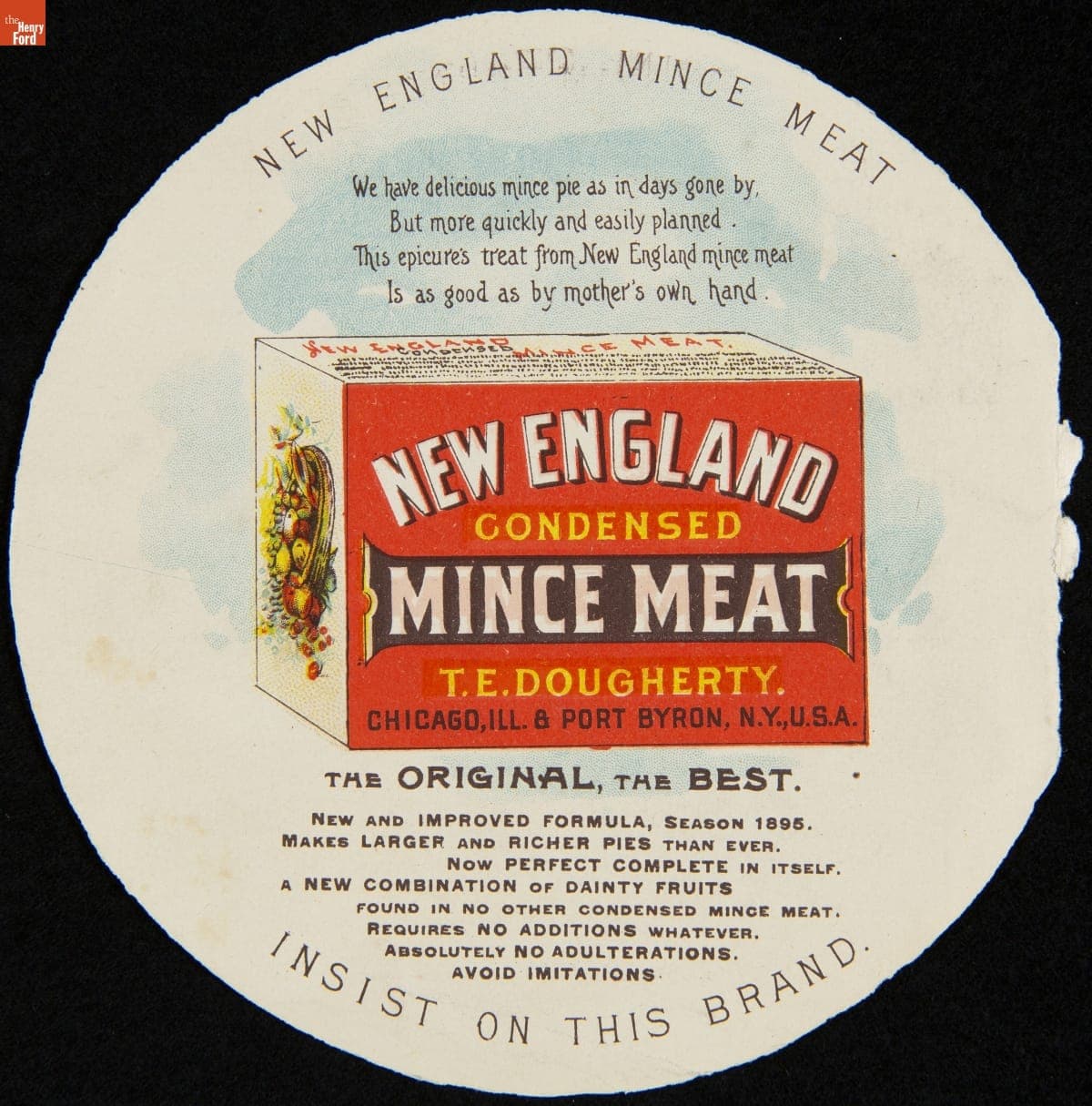 Trade Card for Dougherty's New England Condensed Mince Meat, T.E. Dougherty, 1895-1900