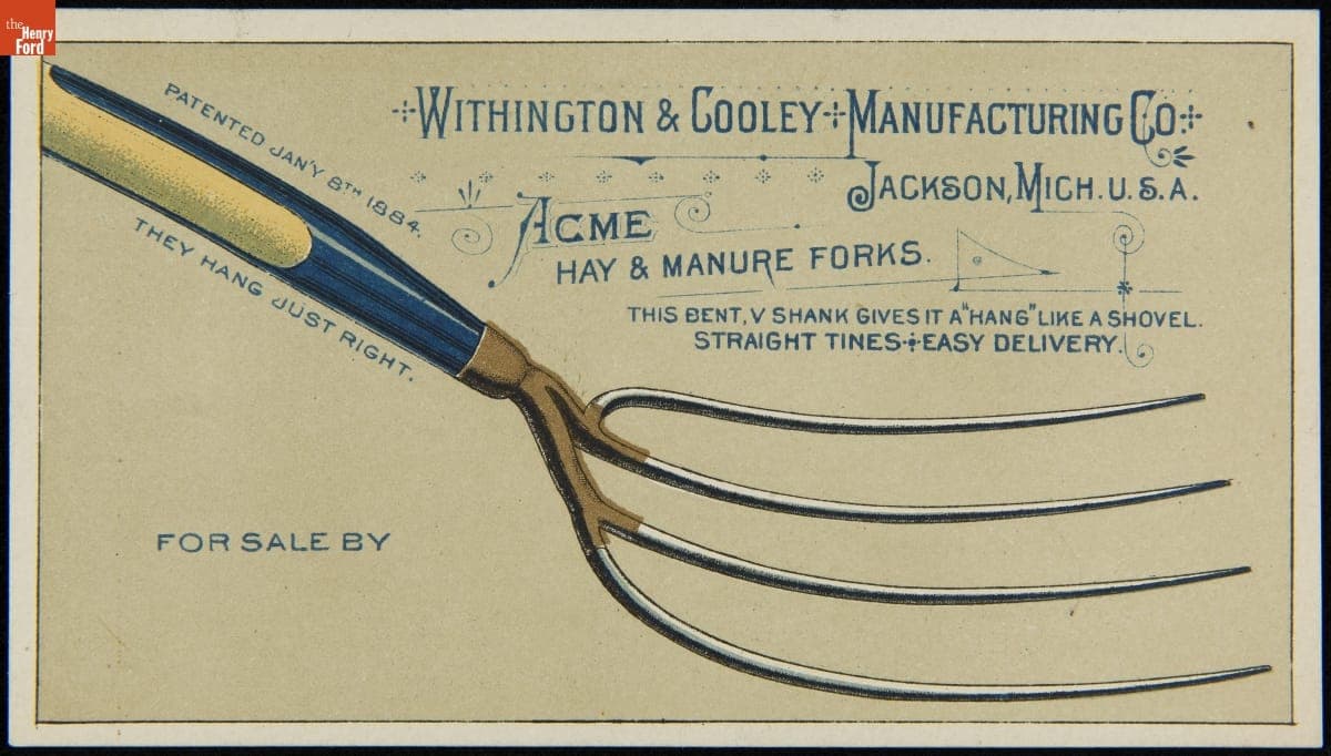 Trade Card for Acme Hay & Manure Forks, Withington & Cooley Mfg. Co., 1865-1903