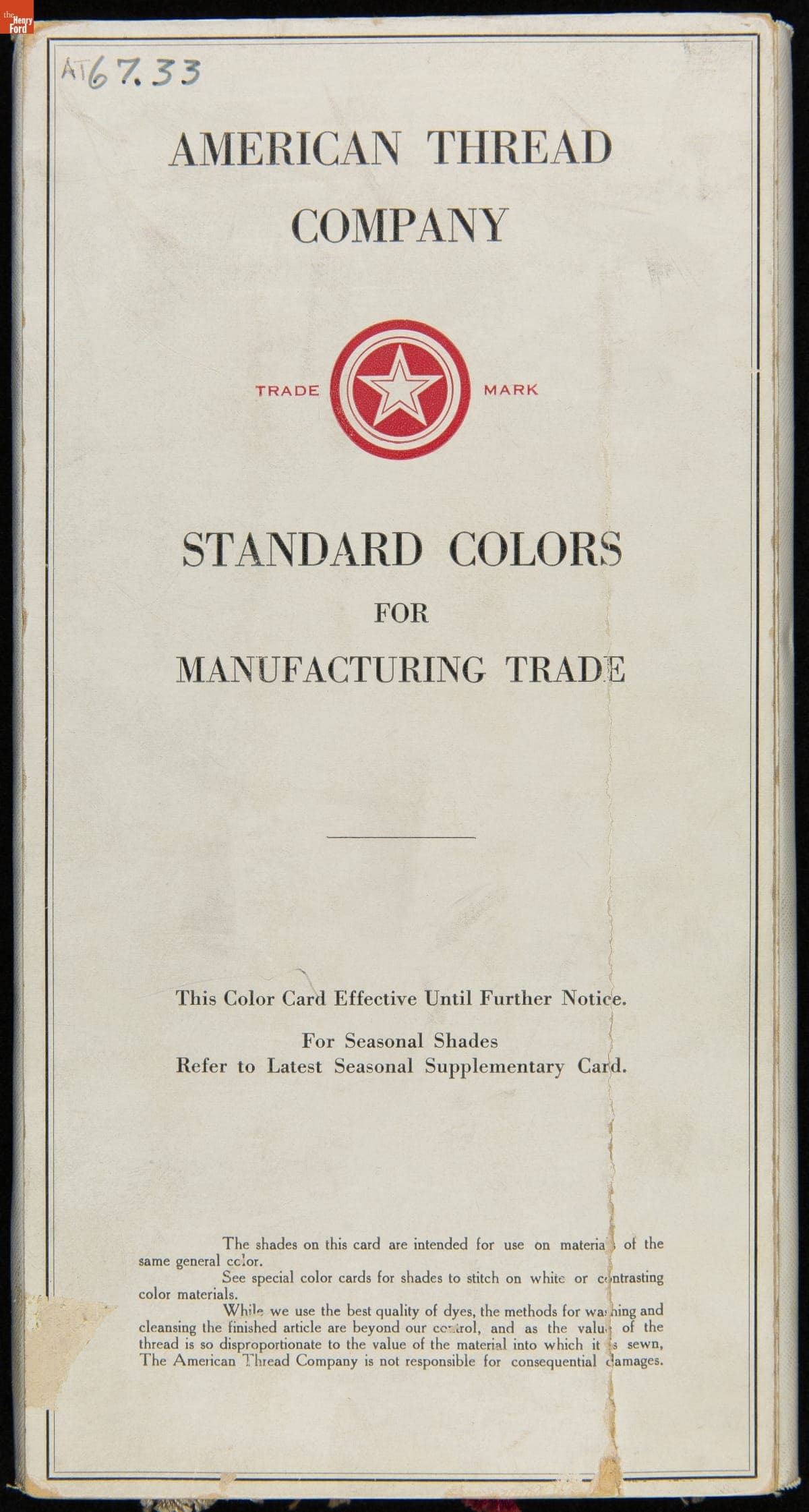 "American Thread Company Standard Colors for Manufacturing Trade," 1857-1910