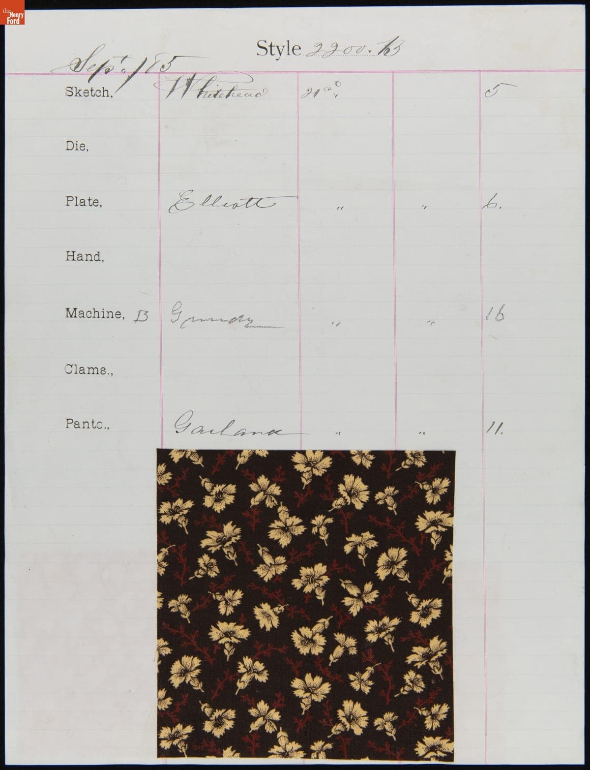 Engraver Sheet for Textile Fabric Style No. 2200 B, Cocheco Mfg. Co., September 1885