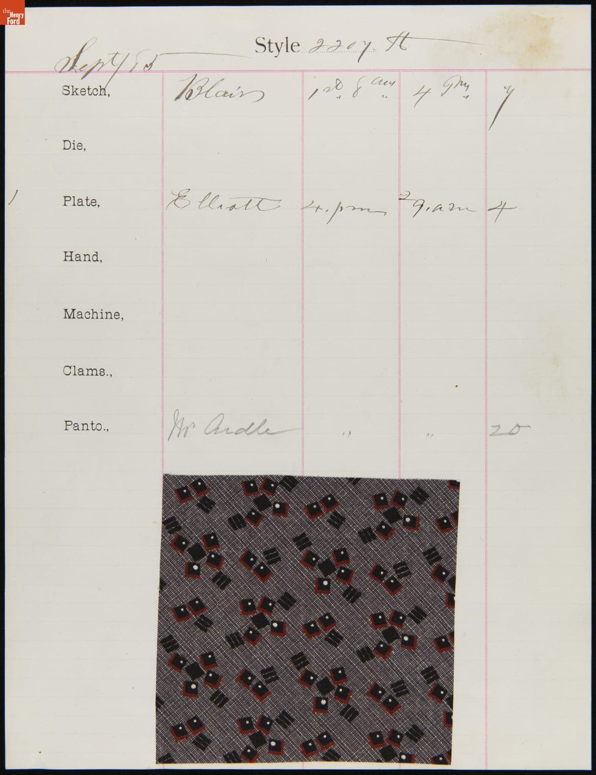 Engraver Sheet for Textile Fabric Style No. 2207 A, Cocheco Mfg. Co., September 1885