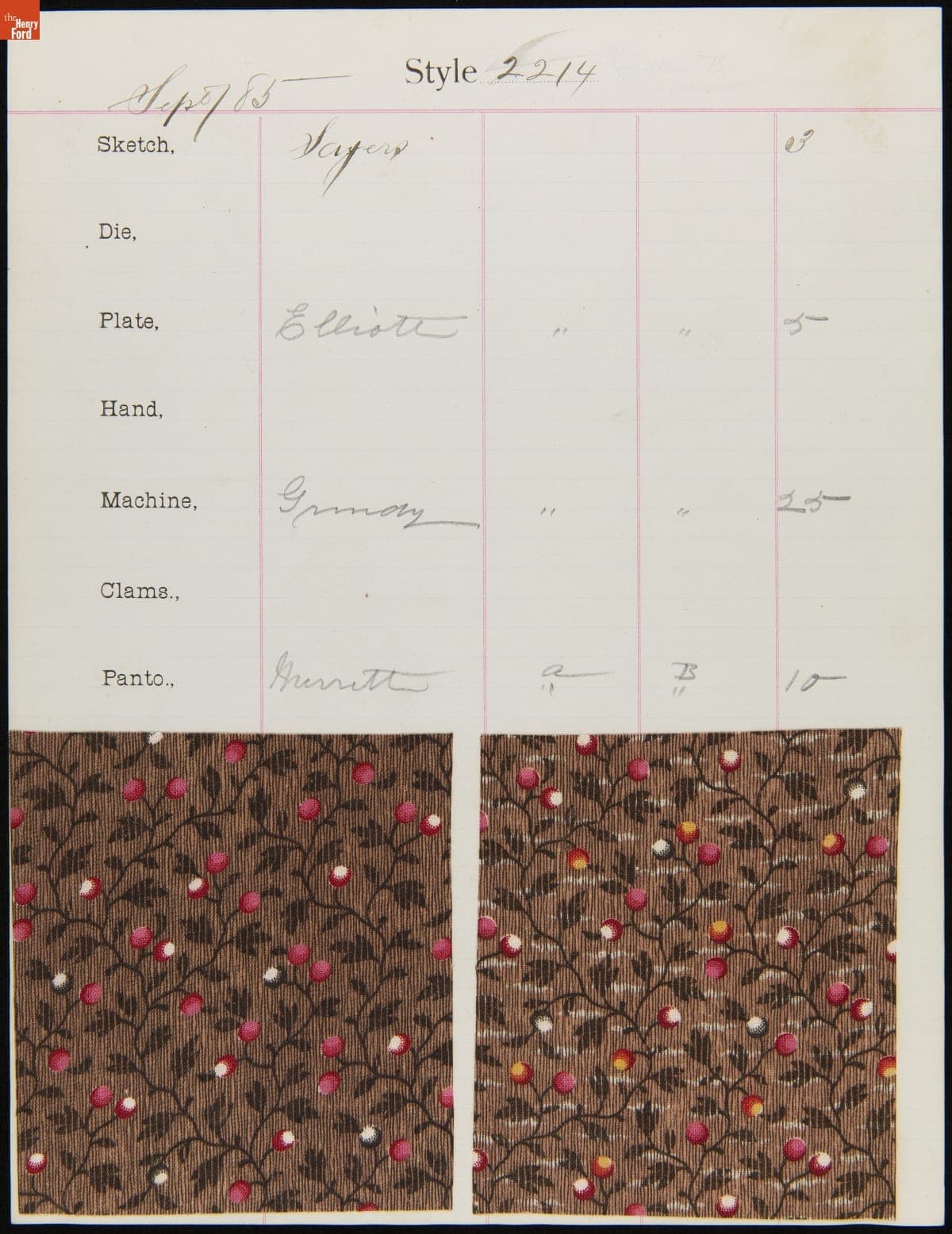 Engraver Sheet for Textile Fabric Style No. 2214, Cocheco Mfg. Co., September 1885