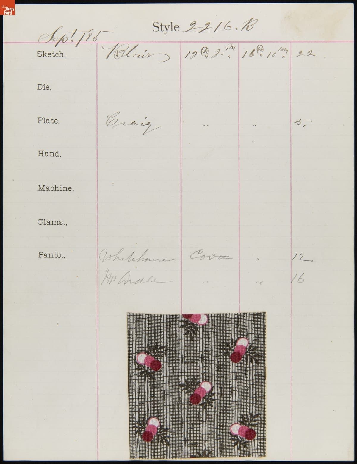 Engraver Sheet for Textile Fabric Style No. 2216 B, Cocheco Mfg. Co., September 1885