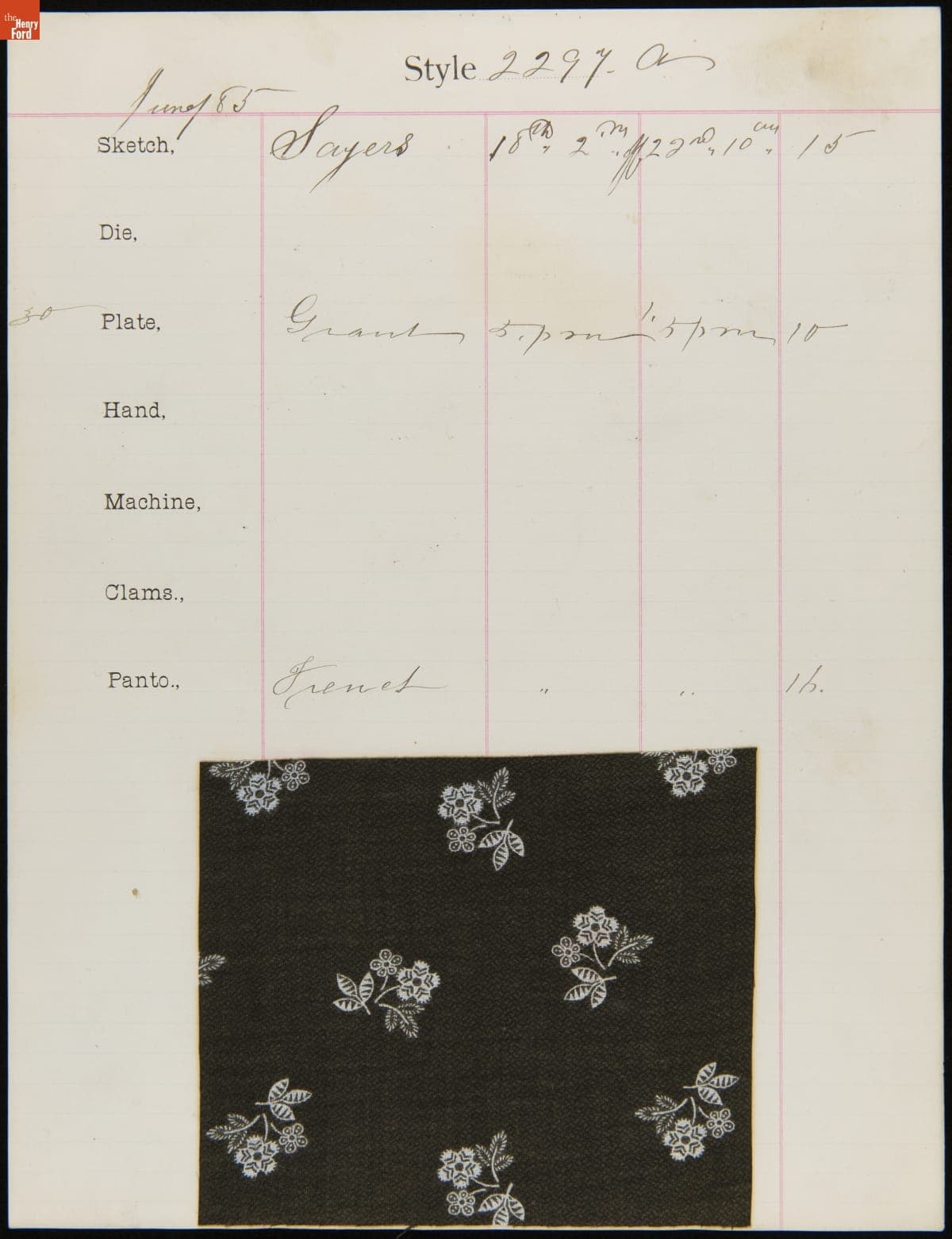 Engraver Sheet for Textile Fabric Style No. 2297 A, Cocheco Mfg. Co., June 1885