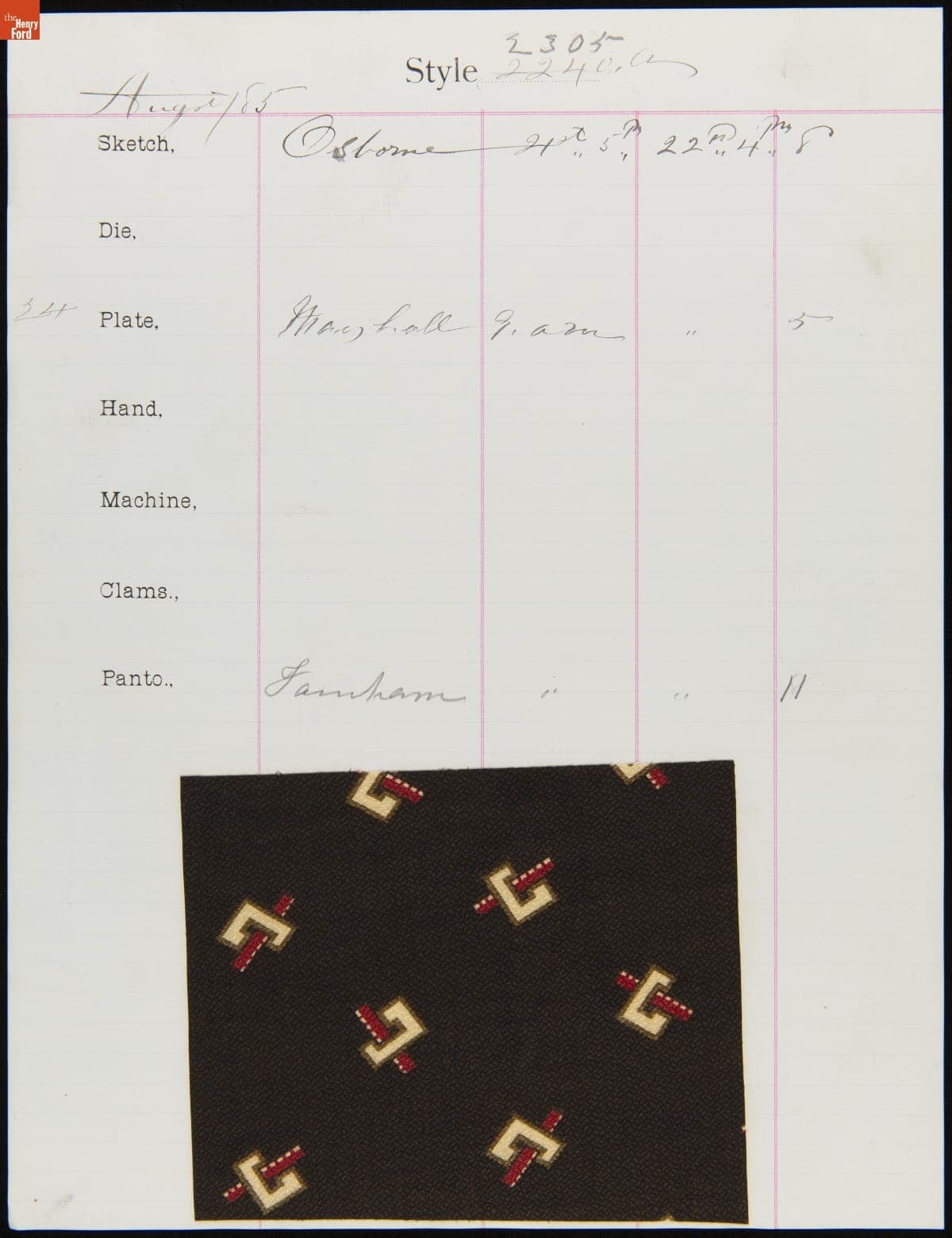 Engraver Sheet for Textile Fabric Style No. 2305, Cocheco Mfg. Co., August 1885