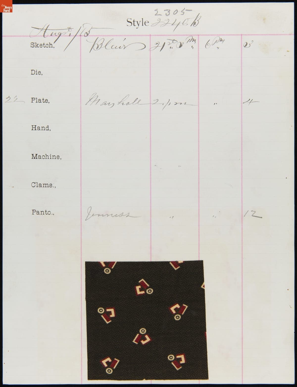 Engraver Sheet for Textile Fabric Style No. 2305, Cocheco Mfg. Co., August 1885