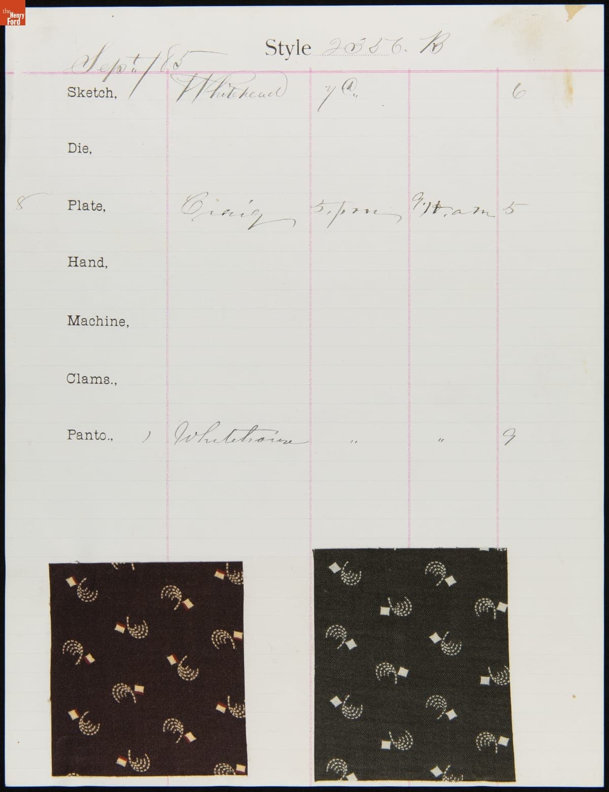 Engraver Sheet for Textile Fabric Style No. 2356 B, Cocheco Mfg. Co., September 1885