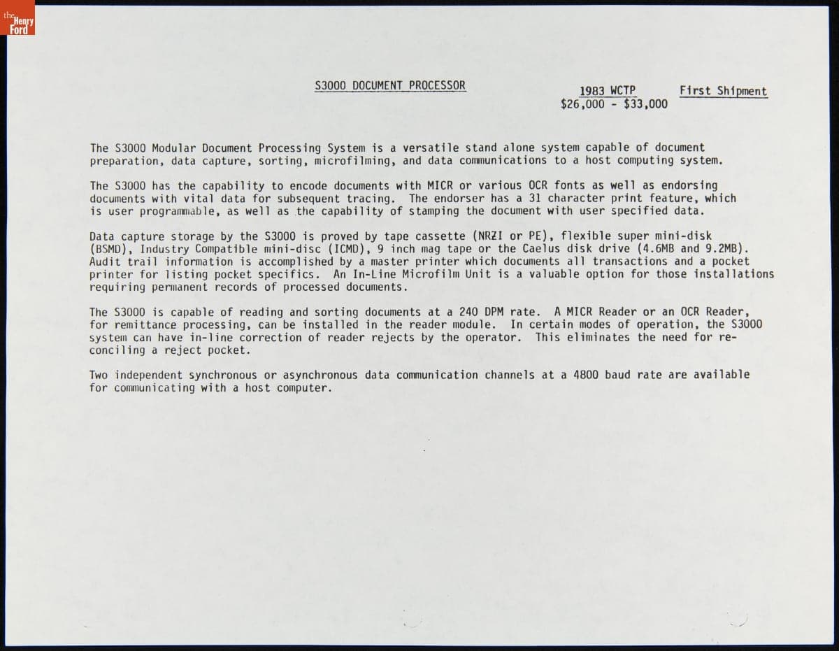 Specifications for the Burroughs S3000 Document Processor, September 1983