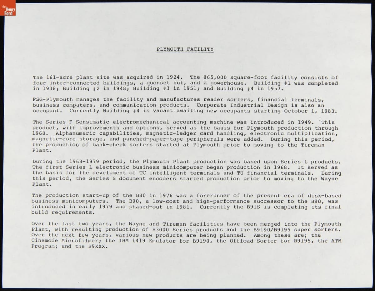 Burroughs Plymouth Plant Facility History, September 1983
