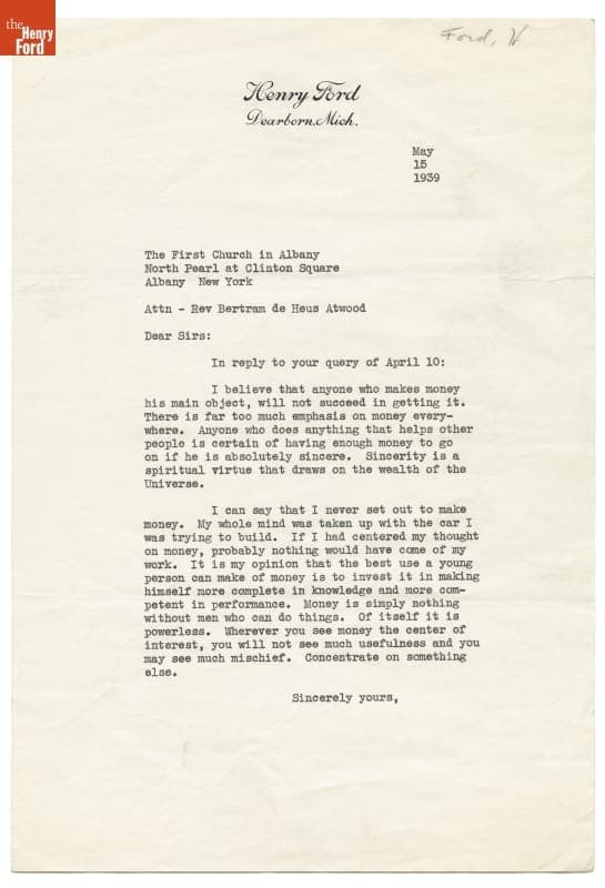 Letter from Henry Ford to Reverend Atwood, with Thoughts on the Value of Money, 1939
