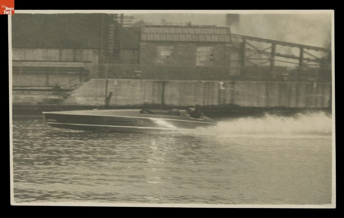 Edsel Ford's Speedboat, "Nine Ninety Nine," in the Ford Rouge Plant Boat Slip, circa 1924