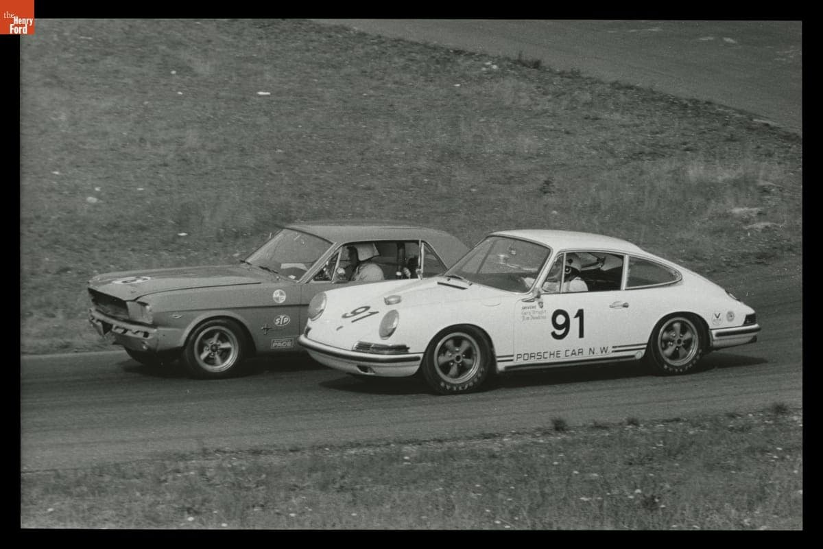Ford Mustang and Porsche 911 in the Kent 300 Trans Am Race, October 1967