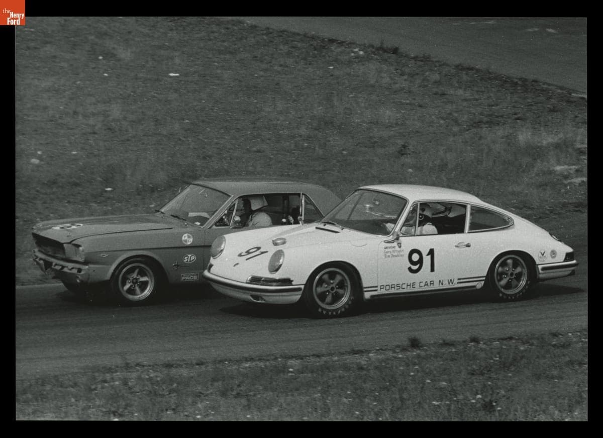 Ford Mustang and Porsche 911 in the Kent 300 Trans Am Race, October 1967