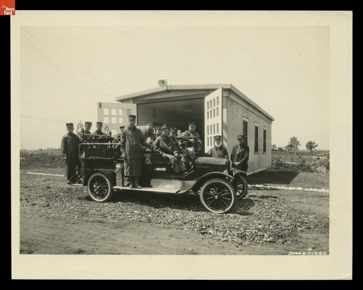 Firemen with a Ford Model TT Fire Truck at the Rouge Plant, July 16, 1920