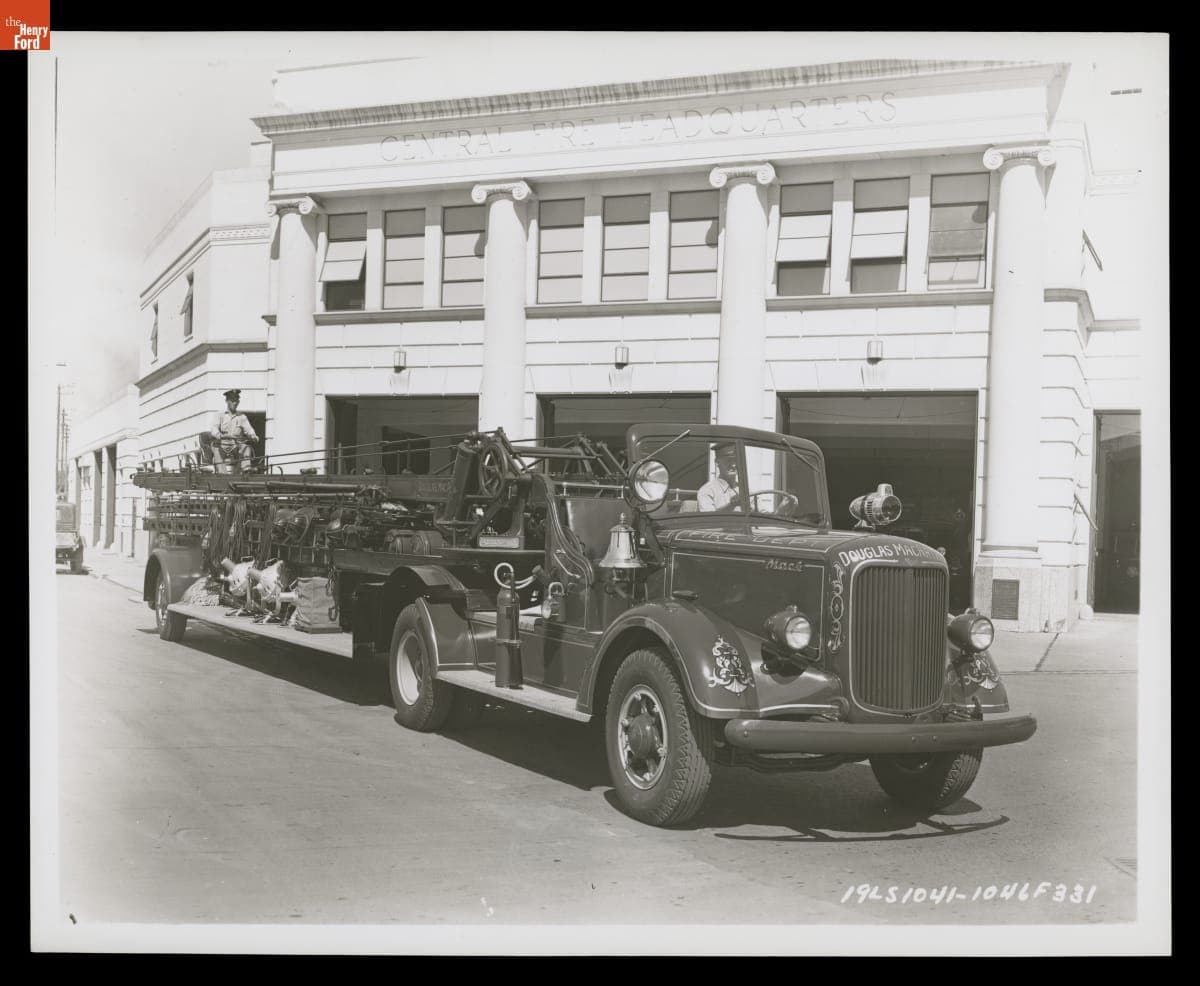1946 Mack Model 19LS Hook & Ladder Truck Parked in front of Central Fire Headquarters, October 1946