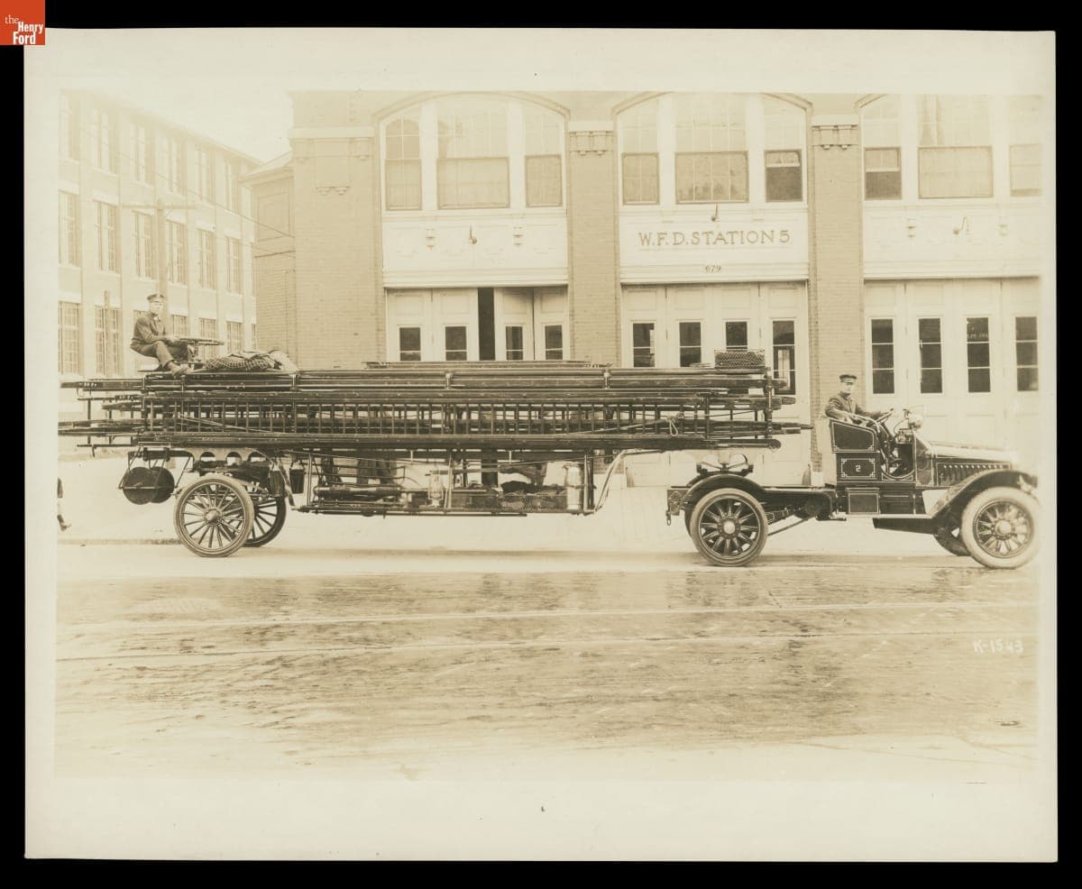 Mack Model AB Fire Truck with Hook and Ladder Attached, 1911-1916