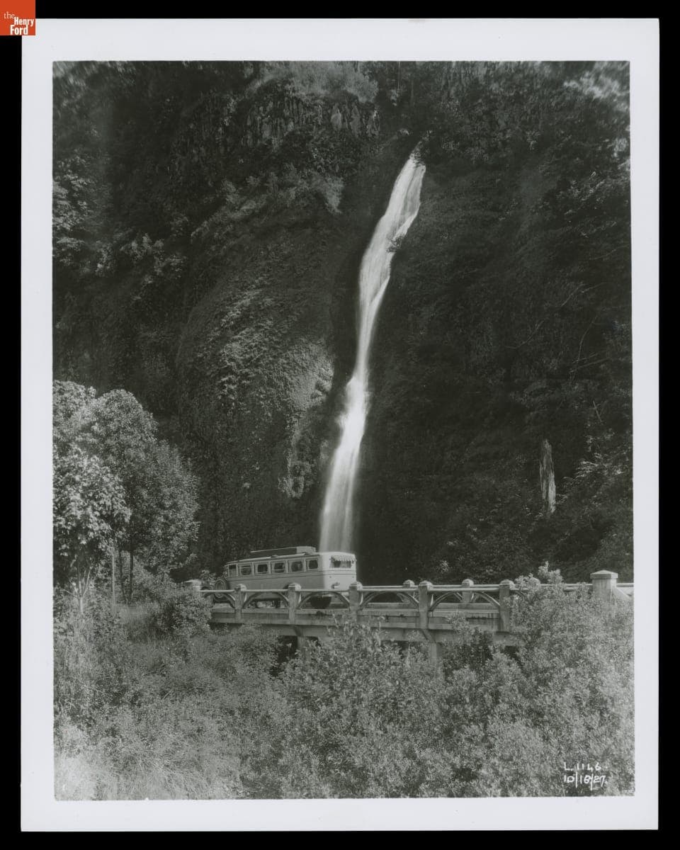 Mack Model AL Bus with Parlor Car Body Driving across a Bridge, October 18, 1927