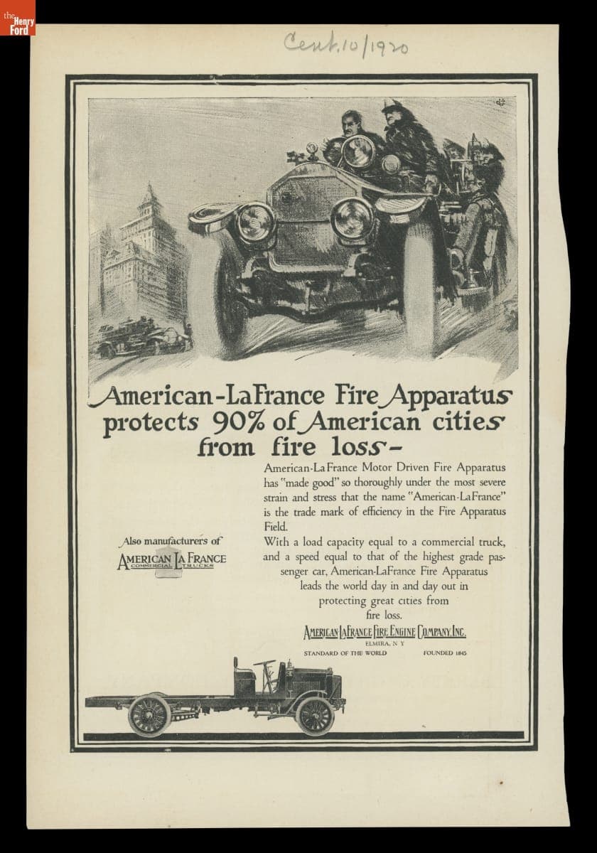 Advertisement, "American-LaFrance Fire Apparatus Protects 90% of American Cities from Fire Loss," October 1920