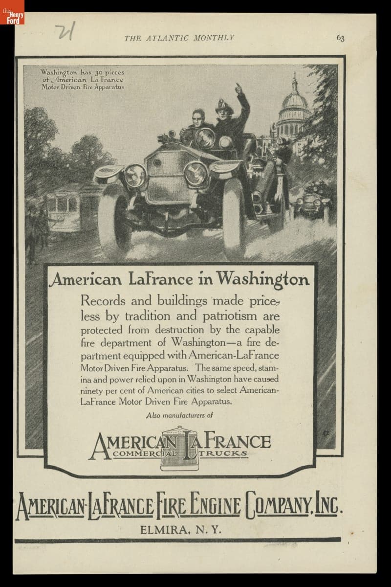 Advertisement for American LaFrance in Washington D.C., 1921