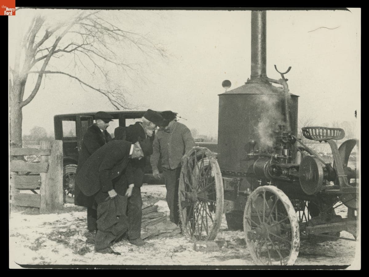 Henry Ford, James Gleason, and Hugh McAlpine with Westinghouse Steam Engine No. 345 at Ford Homestead, February 1920
