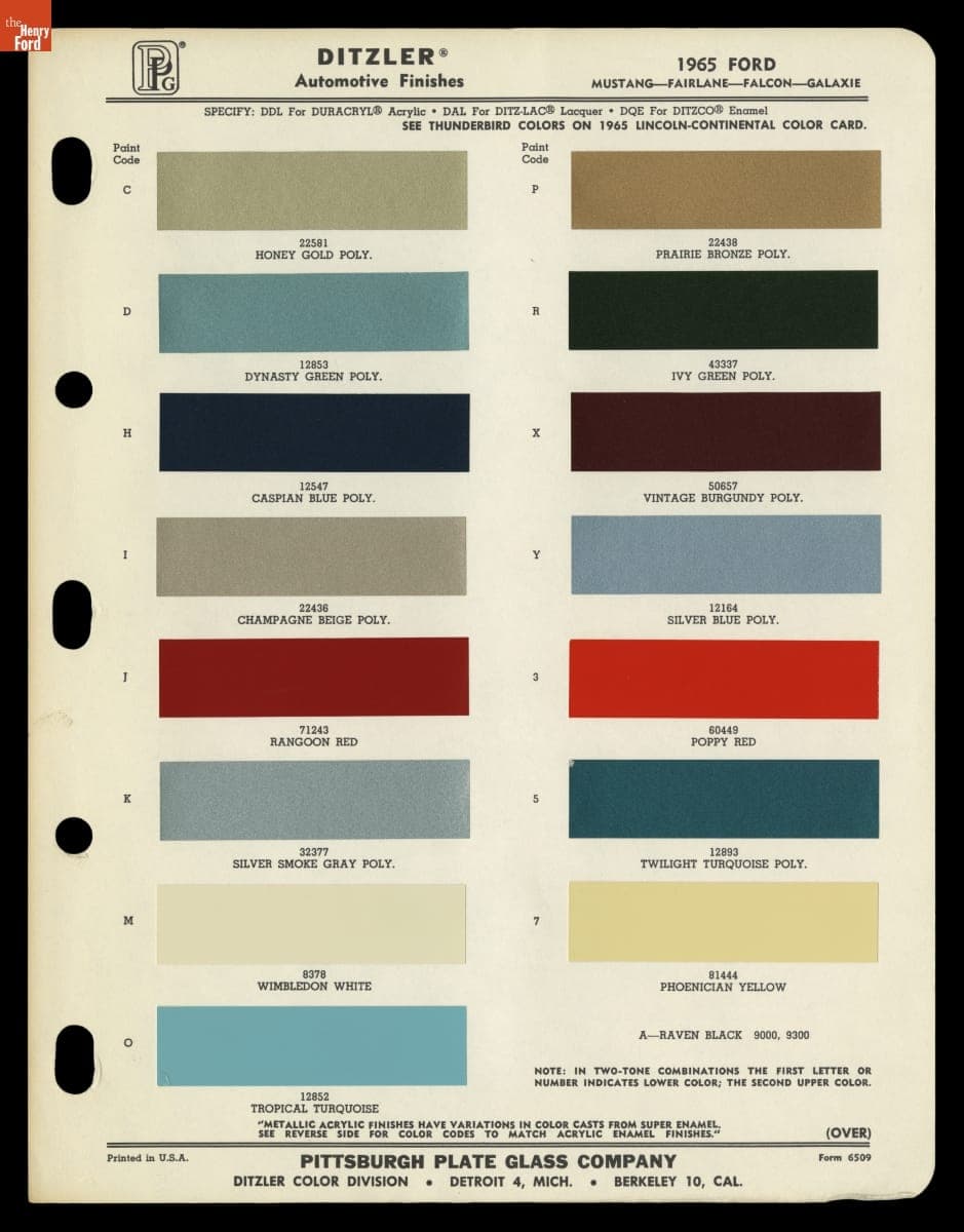 "Ditzler Automotive Finishes," Paint Colors for 1965 Ford Mustang, Fairlane, Falcon and Galaxie Cars