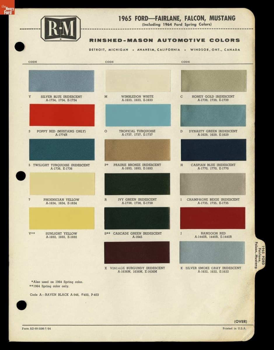 Paint Color Sample Card for 1965 Ford Fairlane, Falcon, and Mustang Cars