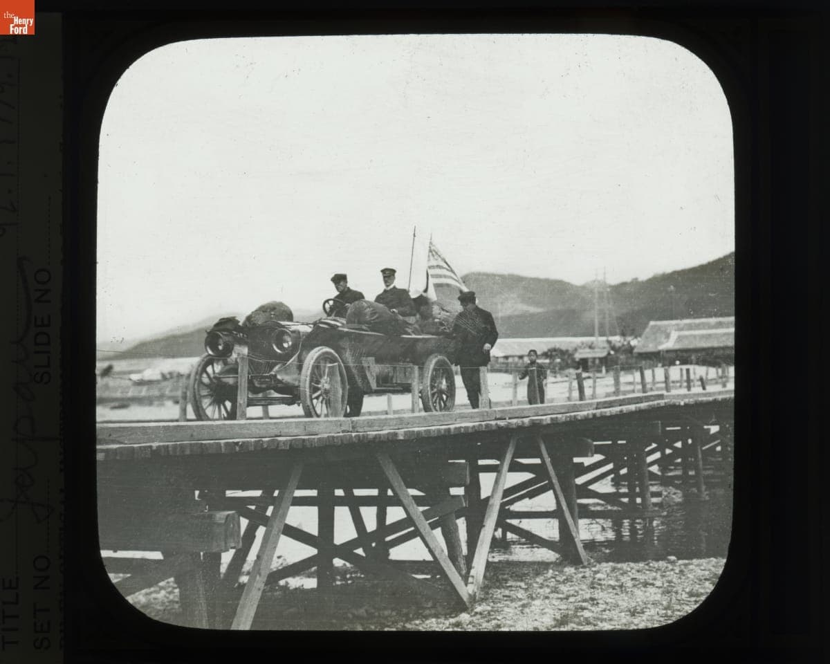 Thomas Flyer and Team Crossing Bridge near Shinto, Japan, New York to Paris Race, 1908