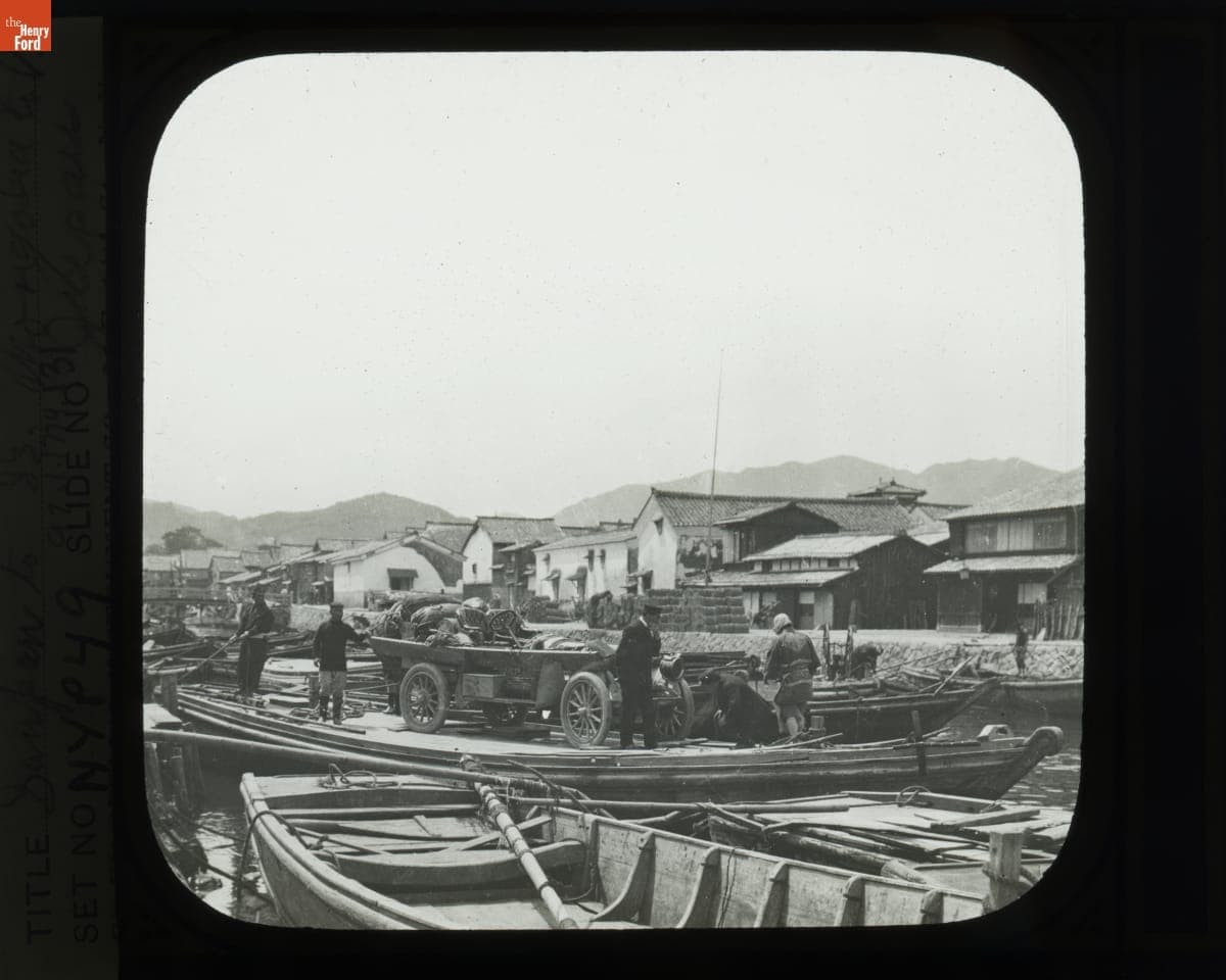 Thomas Flyer on Sampan Boat to the SS Mongolia, Leaving Japan, New York to Paris Race, 1908