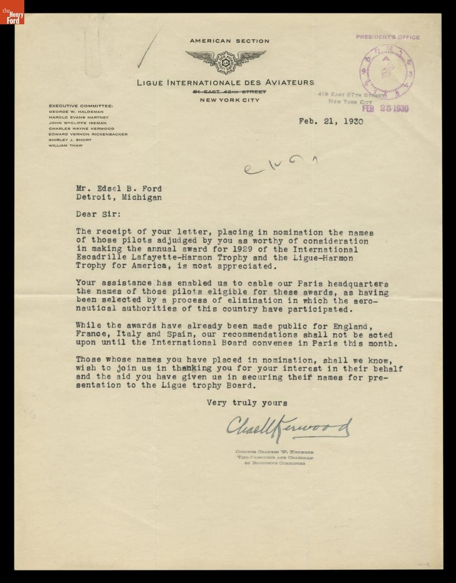 Letter from Ligue Internationale Des Aviateurs to Edsel Ford, February 21, 1930
