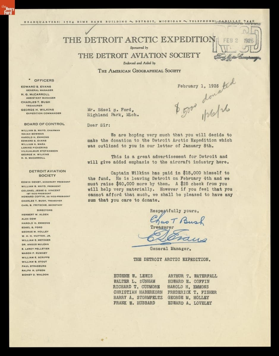 Letter to Edsel Ford from the Detroit Aviation Society regarding the Detroit Arctic Expedition, February 1, 1926