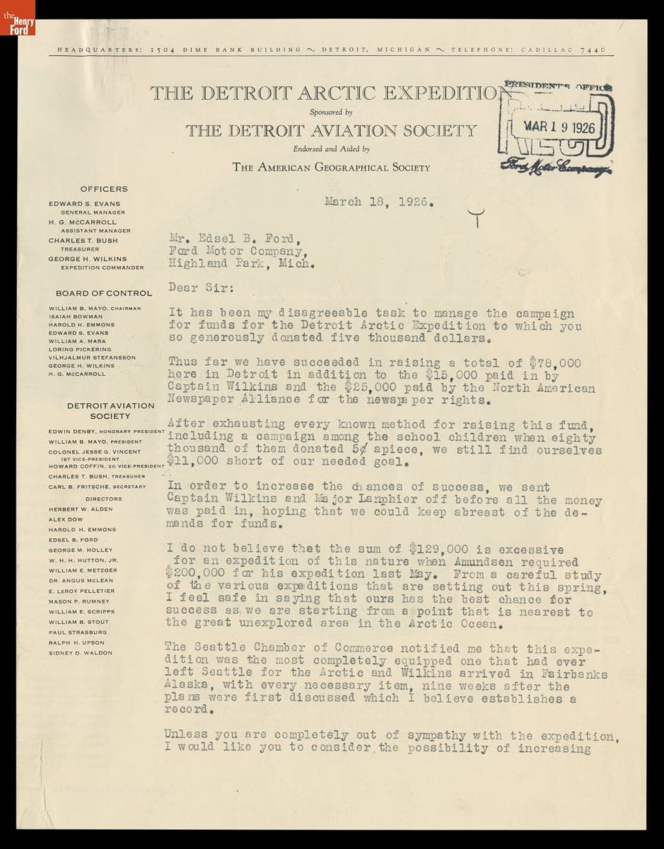 Letter to Edsel Ford from the Detroit Aviation Society regarding the Detroit Arctic Expedition, March 18, 1926