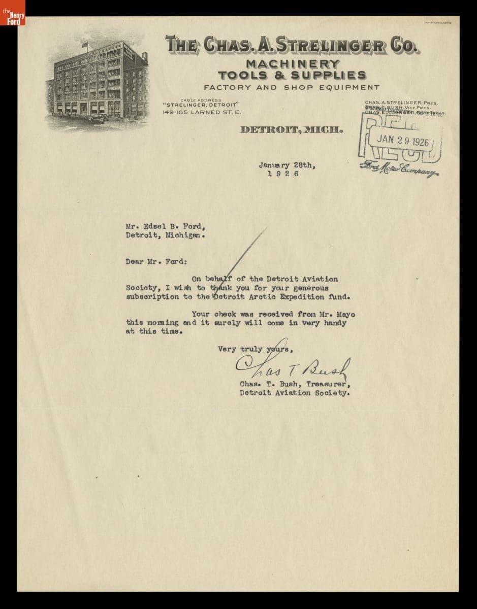 Letter to Edsel Ford from the Detroit Aviation Society regarding the Detroit Arctic Expedition, January 28, 1926
