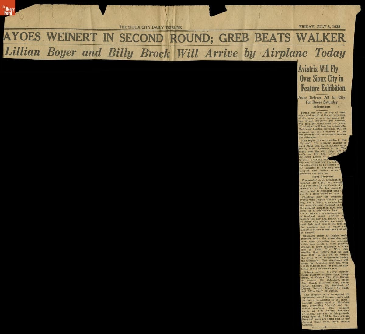 Newspaper Article, "Lillian Boyer and Billy Brock Will Arrive by Airplane Today," July 3, 1925